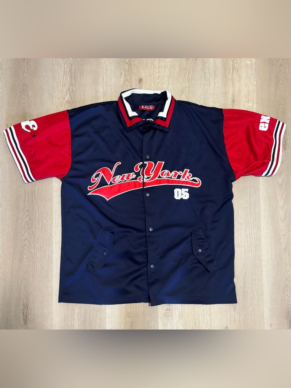 Y2K EXCO New York Script Baseball Jacket Shirt in Navy and Red
